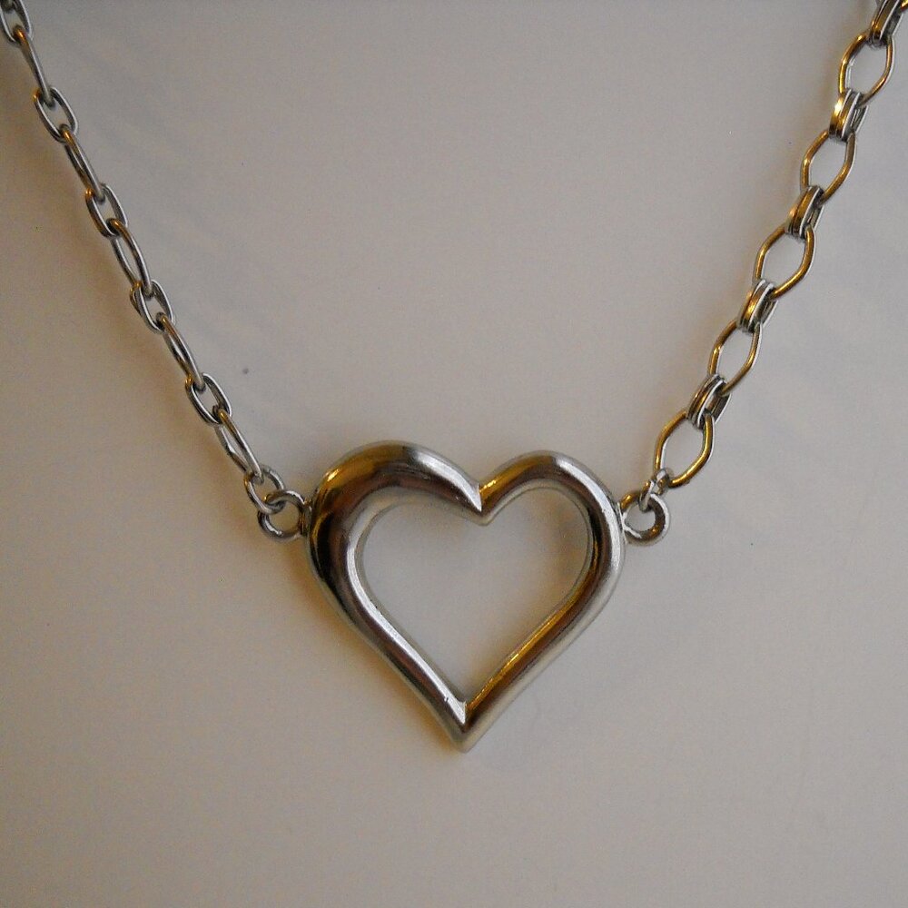 Heart Pendant Necklace Silvertone Metal Link Chain Adjustable Repurposed Vintage